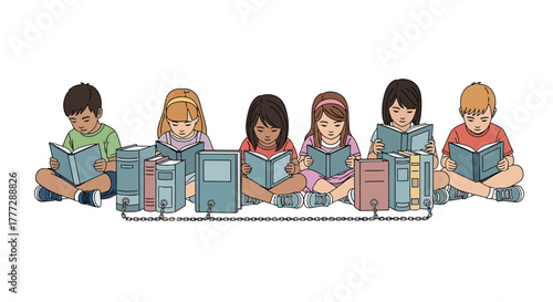 Diverse Group of Elementary School Children Enjoying Reading Books Together