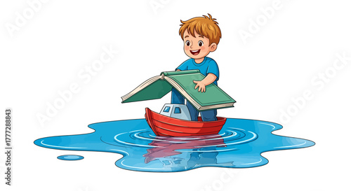 Happy Child Reading Book as a Boat Shelter on Puddle Water Illustration