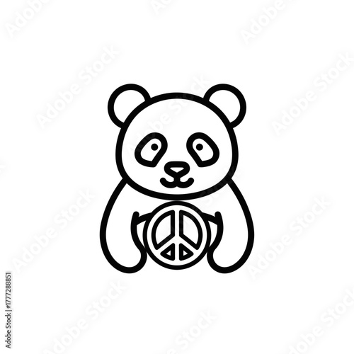 Adorable Line Art Panda Holding a Peace Symbol Icon.