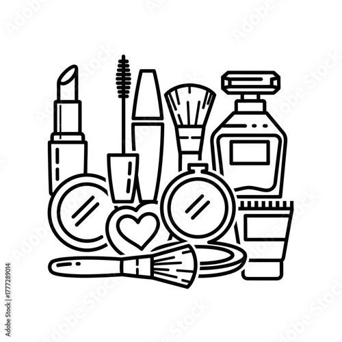 Assortment of Elegant Makeup and Cosmetic Products Collection.