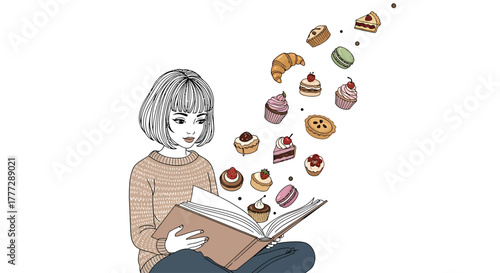 Whimsical Illustration Woman Reading Book Inspiring Sweet Desserts and Pastries Floating Up