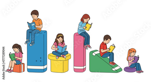 Diverse Group of Children Reading Books on Colorful Stacks and Blocks Illustrating Education and Literacy
