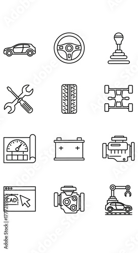 Automotive service and car repair thin line icon set, including engine, tire, battery, and tools symbols for vehicle maintenance and manufacturing.