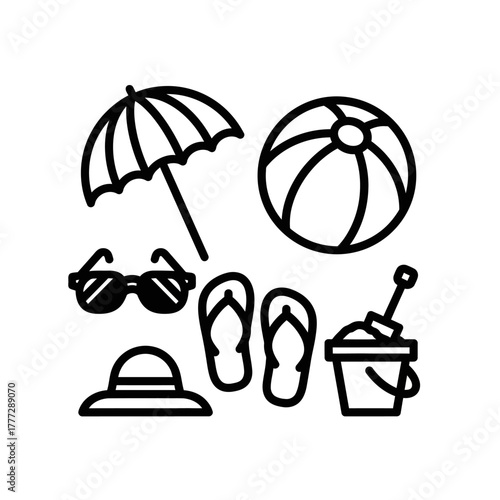 Beach themed line art - umbrella, ball, sunglasses, hat, flip-flops, bucket and shovel.