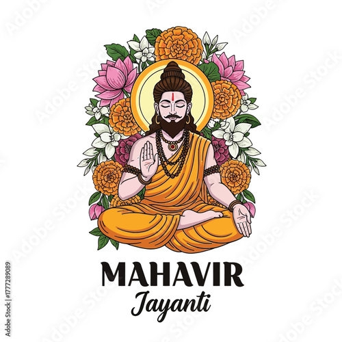 Flat illustration of Mahavir Jayanti with Flowers Accent Graphic
