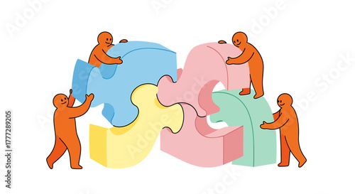 Teamwork and Collaboration Orange Figures Assembling Giant Colorful Puzzle Pieces
