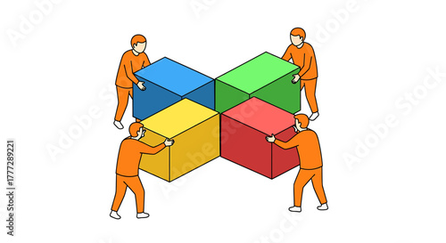 Teamwork assembling four colorful blocks for synergy and business strategy concept