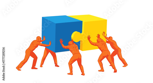 Teamwork Concept Business People Pushing Large Interlocking Puzzle Pieces Together for Unity and Success