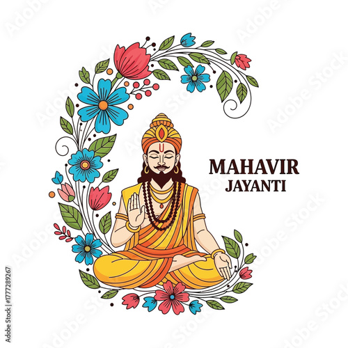 Flat illustration of Mahavir Jayanti with Flowers Accent Graphic