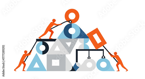 Teamwork and Collaboration Concept Figures Building Complex Structure with Geometric Shapes