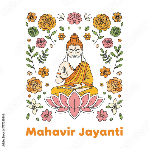 Flat illustration of Mahavir Jayanti with Flowers Accent Graphic