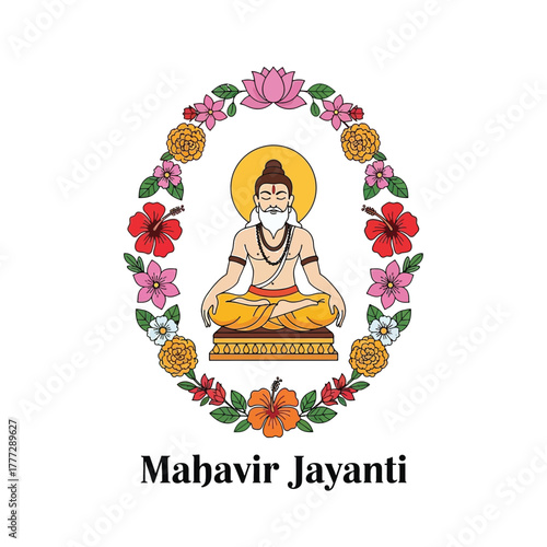 Flat illustration of Mahavir Jayanti with Flowers Accent Graphic