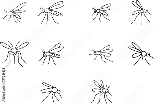 Mosquito Insect Line Art Icon Set: Pest, Disease, and Entomology Illustrations
