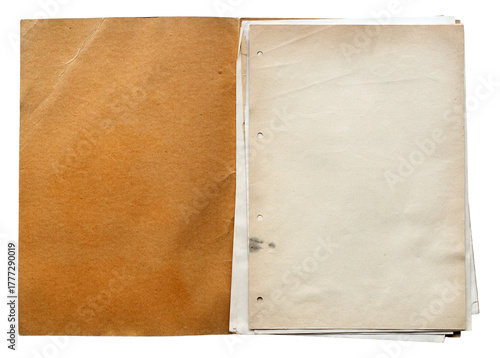 open file folder with aged light brown empty pages isolated on white