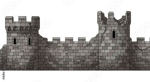 Ancient Stone Castle Wall with Battlements and Watch Towers in Ruins