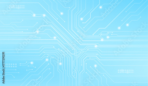 Abstract high tech circuit pattern on light blue background. Vector realistic illustration of white semiconductor lines connection, communication or information technology presentation template design