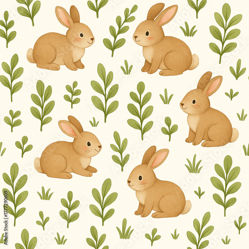 Seamless pattern featuring cute brown rabbits with green leaves and grass in a soft fairytale forest style. Whimsical and cozy illustration with pastel tones and hand-painted texture, perfect for kids