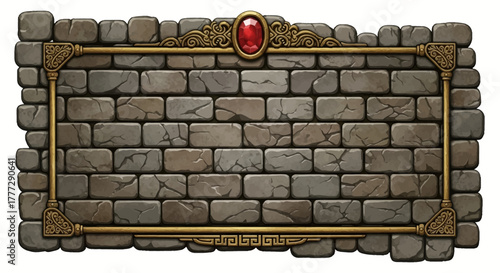 Decorative Brick Wall With Ornate Gold Frame and Gemstone Element for Displaying Text