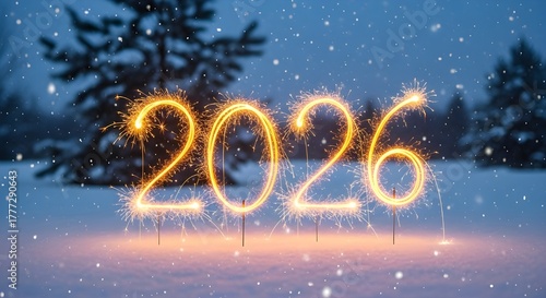 Sparkling golden numbers 2026 illuminated in the snow at night, with a blurred winter forest background, representing new years eve celebration and festive holiday spirit