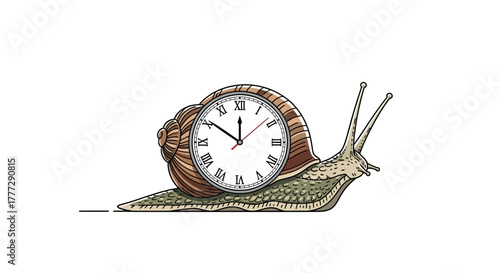 Conceptual illustration of a snail carrying a clock on its back, representing slow time passage