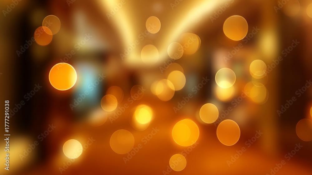Fototapeta premium Soft bokeh lights scatter throughout an elegant hotel interior, enhancing the inviting ambiance. The luxurious space radiates warmth, promising a tranquil experience for visitors