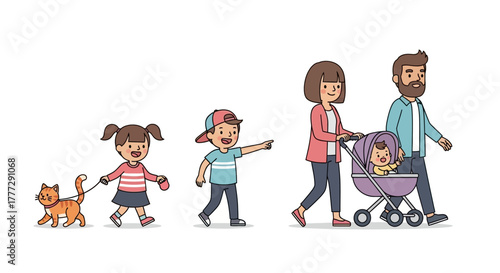 Illustrative cartoon depiction of a family on a leisurely walk together in the park