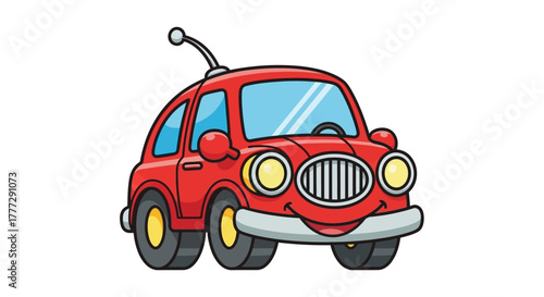 Whimsical red cartoon car illustration with smiling face for cheerful designs