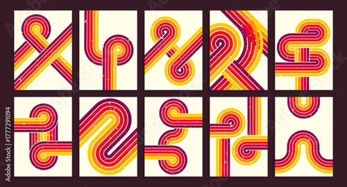 Retro 80s background pattern set with curve line design in vintage color palette. Geometric abstract 70s compositions with flowing stripes and shapes for nostalgic graphic decorative posters.