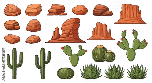 Desert Landscape Elements Cacti, Rocks, and Red Cliffs Illustration