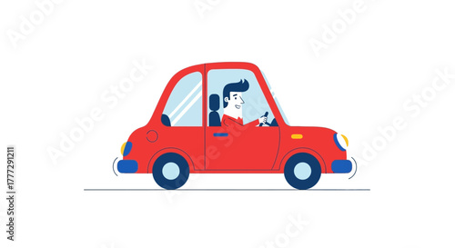 Cartoon man driving a bright red car on a flat white surface, cheerful illustration
