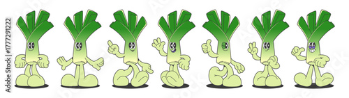 Leek retro cartoon character mascot with groovy vintage sticker style in different poses and emotions. Funny vegetable food set with expressive faces, hands gestures for game design or branding assets