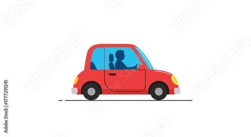 Stylized red car with silhouette driver on a simple road conveys transportation and mobility