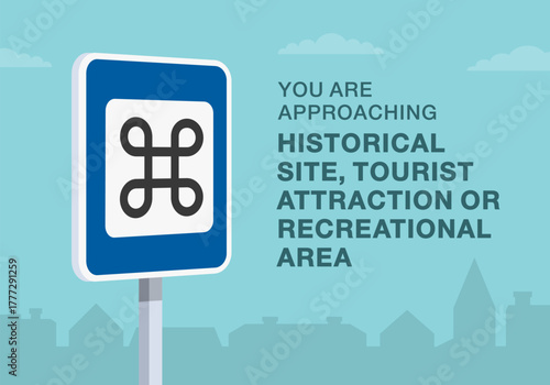 Safe driving tips and traffic regulation rules. Close-up of european "place of interest" sign meaning. Historical site, tourist attraction or recreational area. Flat vector illustration template.