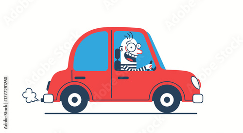 Whimsical cartoon illustration of a quirky character driving a vintage red car