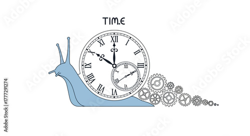 Conceptual illustration depicting time represented as a snail with clock and gears symbolizing