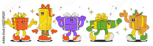 Retro groovy cartoon gift box characters - funny party presents mascots in vibrant colors. Christmas or birthday packages set with expressive faces, ribbons and bows for xmas celebration design.