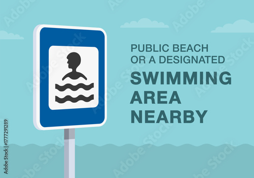Safe driving tips and traffic regulation rules. Close-up of european "swimming place" sign meaning. Public beach or a designated swimming area nearby. Flat vector illustration template.