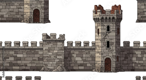 Stone Fortress Illustration Detailed Medieval Castle Wall, Tower, and Fortress Architectural Elements