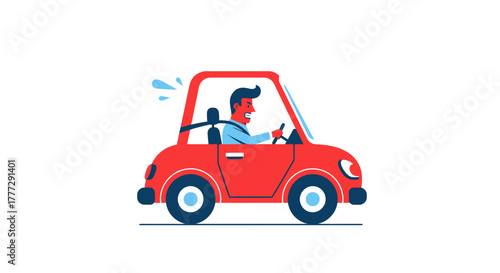 Cartoon illustration of a stressed driver in a compact red car commuting quickly