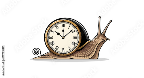 Imaginative depiction of time's passage through a whimsical snail clock hybrid artwork