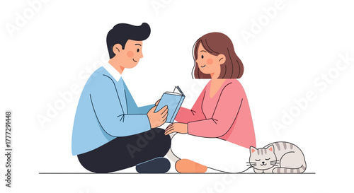Cozy Illustration of a Couple Reading Together with a Sleeping Cat in Minimalist Style