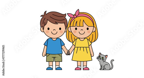 Charming illustration of a young boy, girl, and cat showcasing friendship and innocence