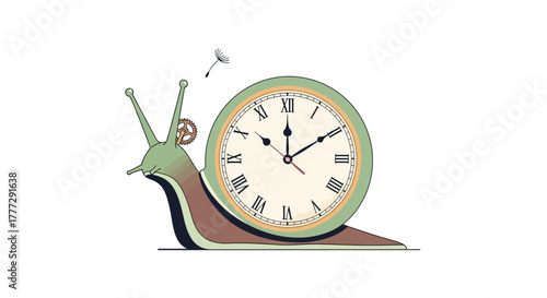 Whimsical snail clock with cogwheel antenna and floating dandelion seed concept art