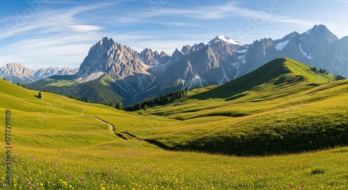 Fototapeta Naklejka Na Ścianę i Meble -  Scenic Dolomites landscape with green meadows and majestic mountains.