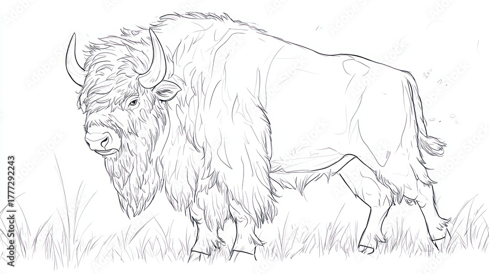 Fototapeta premium Outline drawing of a bison in tall grass. Possible use Coloring book illustration