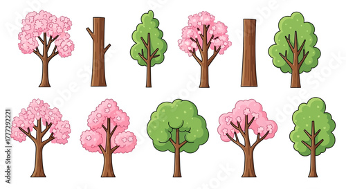 Vibrant collection of illustrated trees, featuring lush green foliage, delicate pink blossoms, and sturdy bare trunks in a charming cartoon style