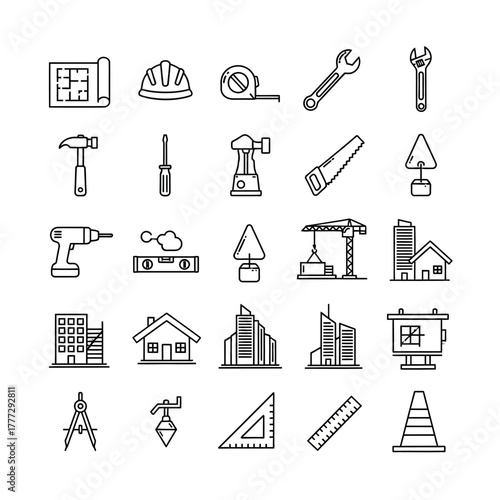 Collection of Black and White Construction Tools and Building Elements Icons.