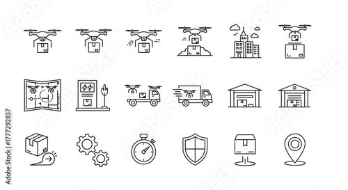 Collection of Black and White Delivery Icons Depicting Various Shipping Methods.
