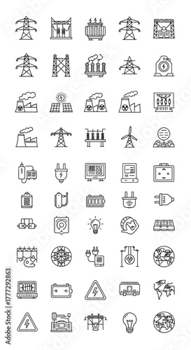 Collection of Black and White Electrical Power Icons and Symbols.
