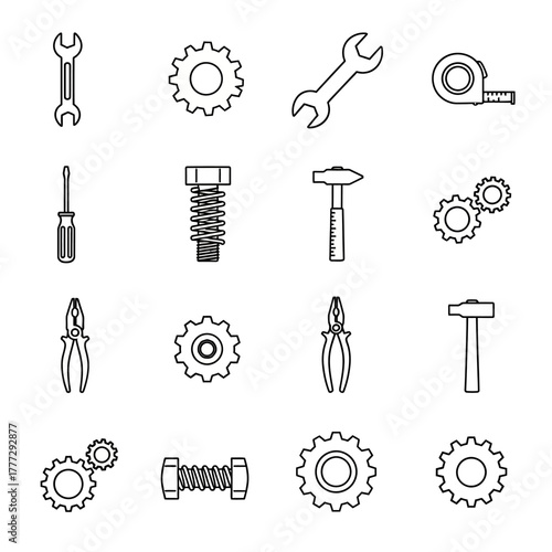 Collection of Black and White Line Art Icons of Tools and Mechanical Parts.